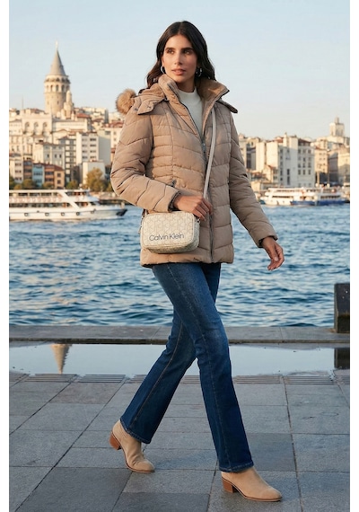 Lela Kapitoneli Slim Fit Çıkarılabilir Kapüşonlu Bayan Mont 497Mara Bej
