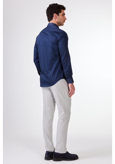 Dufy Lacivert Erkek Slim Fit Düz Düğmeli Yaka Uzun Kol Gömlek - 101514 Lacivert