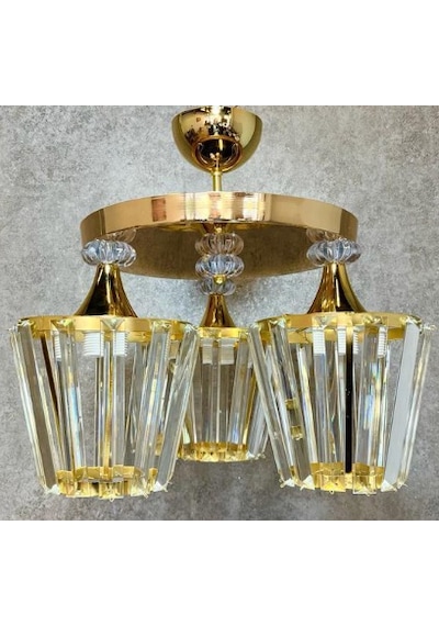 Konik 3lü - Modern Ve Şık Tasarım Kristal Avize Gold Altın - Gold