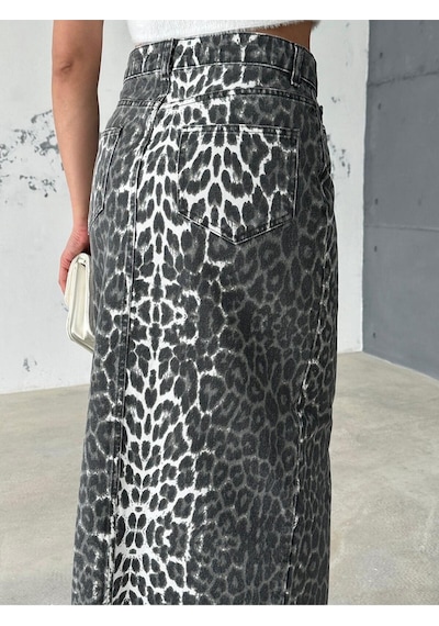 Zeo Basic Leopar Desenli Maxi Etek Haki