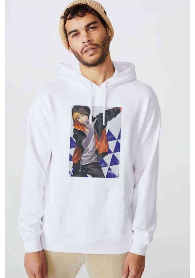 Anime Naruto Uzumaki Os Baskılı Beyaz Erkek Örme Kapşonlu Sweat