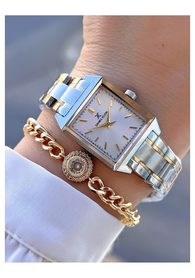 Daniel Klein Dk.1.10816.5 Gümüş Renk Gold Detaylı Çelik Kordonlu Çizgili Kare Model Kadın Kol Saati Gümüş