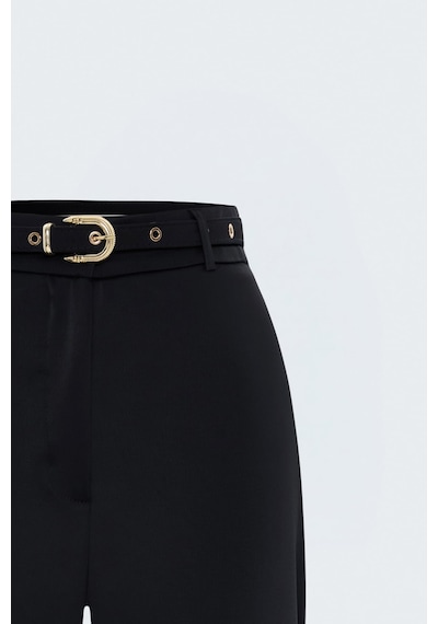 Sateen Kemer Detaylı Saten Klasik Pantolon - Siyah-137985