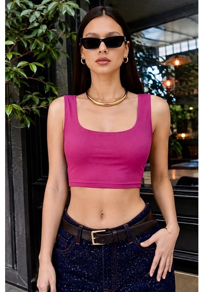 Bb Butik Basic Soft Touch Kare Yaka Crop Bluz Md3549 Fuşya