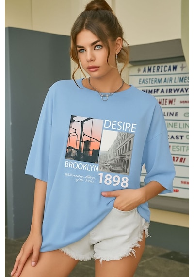 Brooklyn Baskılı Unisex Tişört Bebe Mavisi