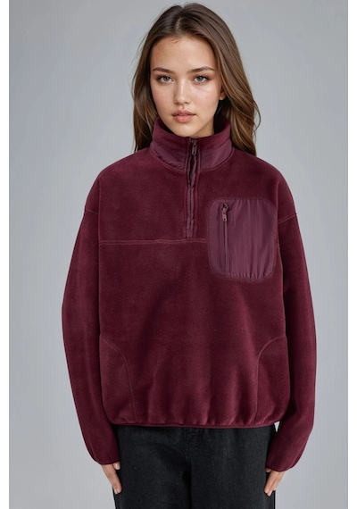 Hiccup Busem Fermuarlı Yakalı Peluş Örme Sweatshirt, Cepli Bordo Kırmızı