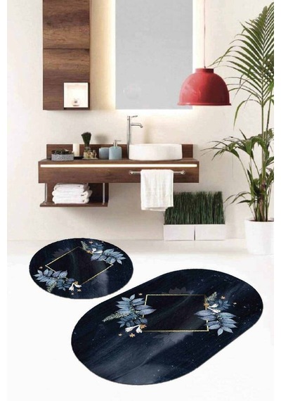 Lacivert Çiçek Temalı Oval Banyo Klozet Paspas Seti Bs095n11