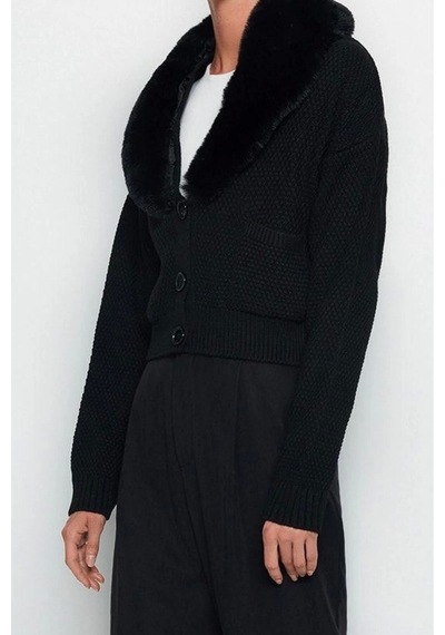 Frm Kadın Moda Şık Crop V Yaka Regular Crop Kürk Detaylı Triko Hırka Siyah