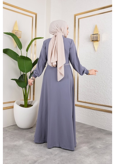 Nevayla Moda Yaka Ve Bel Nakış Detaylı Ferace - Gri / F0143 Gri