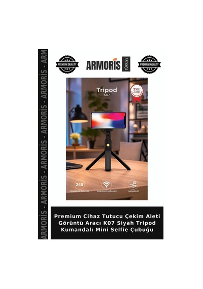 Premium Cihaz Tutucu Çekim Aleti Görüntü Aracı K07 Siyah Tripod Kumandalı Mini Selfie Çubuğu