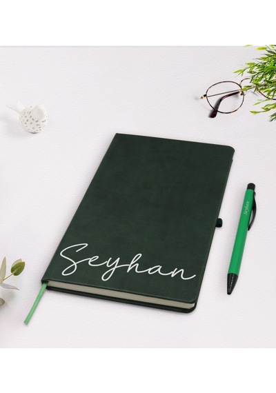 Bitmeyenkartus Kişiye Özel El Yazılı Yeşil Termo Deri Defter Kalem Seti Model 1