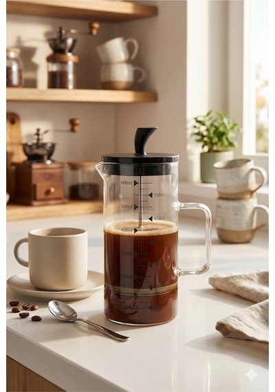 600ml Borosilikat Cam French Press Isıya Dayanıklı Kahve Ve Bitki Çayı Demleyici Siyah Süzgeçli Şeffaf