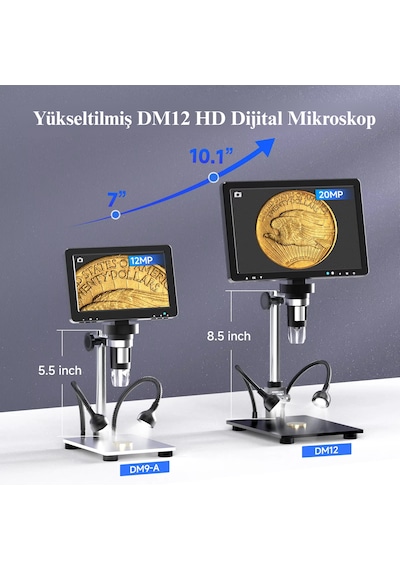10.1'' Dm12 Hdmı Dijital Mikroskop 2000x Büyütme 20mp Kamera 10 Led Işık 32 Gb Uzaktan Kumanda