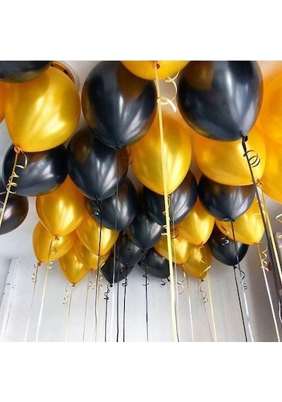 25 Adet Metalik Sedefli Siyah - Altın Gold Karışık Balon Helyum