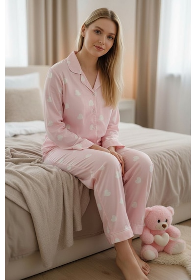 Burcumay Kadın Kalpli Desenli Süet Gömlek Yaka Uzun Kol Pembe Kışlık Pijama Pembe