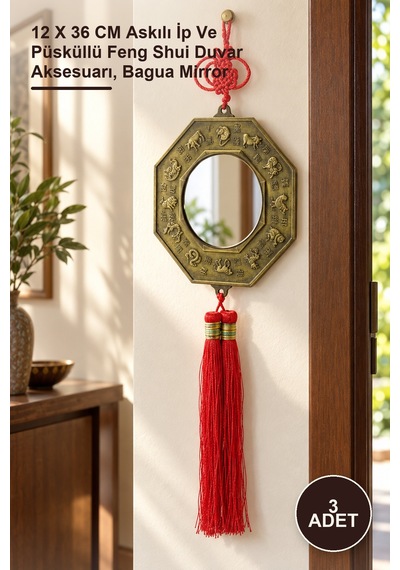 3 Adet Bagua Aynası 12 X 36 Cm Askılı İp Ve Püsküllü Feng Shui Duvar Aksesuarı, Bagua Mirror