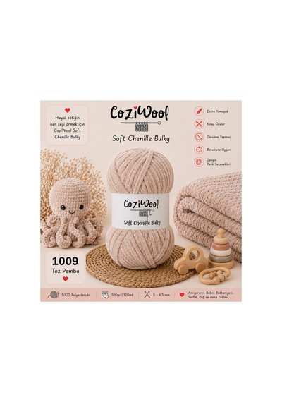 Kadife İp Soft Chenille Bulky 5'li Paket 5x100 Gr 120 Mt El Örgü İpi Toz Pembe - 875823131