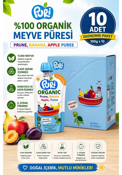 Organic Mürdüm Erikli Muzlu Elma Püresi 100 G x 10 %100 Organik İlave Şekersiz 10'lu Paket