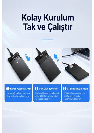2.5 İnç Usb 3.0 Sata Hdd Ssd Disk Kutusu, 5gbps Harici Disk Kutusu, 480mb/s Veri Aktarımı, Tak Çalıştır, Otomatik Uyku Modu, Led Göstergeli Abs Kasa, Windows Mac Y200