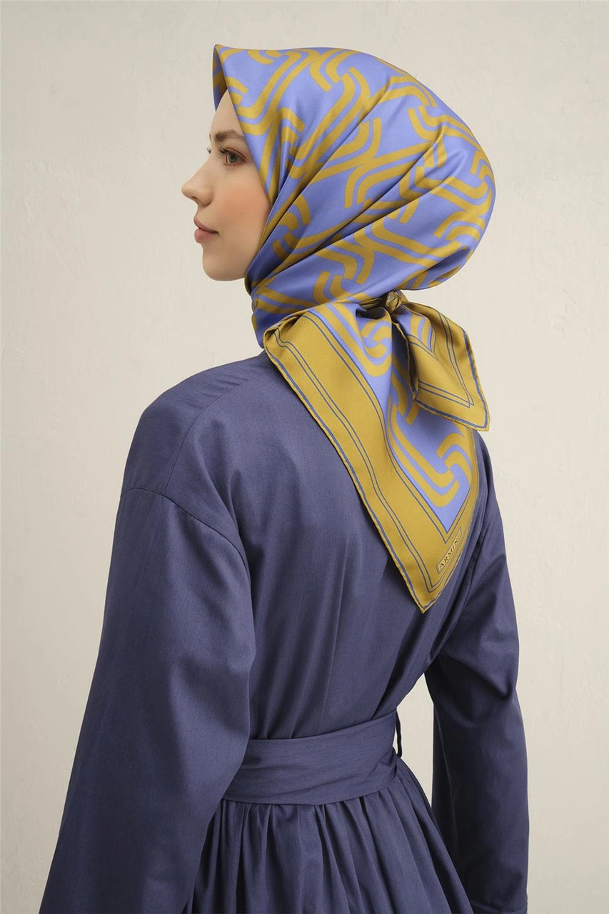 Armine Klasik Desenli Saf İpek Twill Eşarp 9343d 01 Mavi
