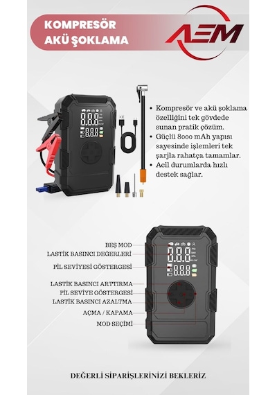 Aem Akü Şoklama Takviye Cihazı + Lastik Şişirme Kompresörü Taşınabilir 4+1 Jump Starter 8000mah
