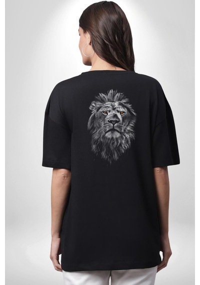 Aslan Karizma Sert Bakış Pamuklu Unisex Oversize Sırt Dijital Baskılı Siyah T-shirt Siyah