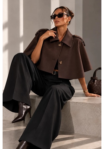 Bb Butik Basic Kadın Premiun Omuz Apoletli Crop Panço Trençkot Fs3434 Kahverengi