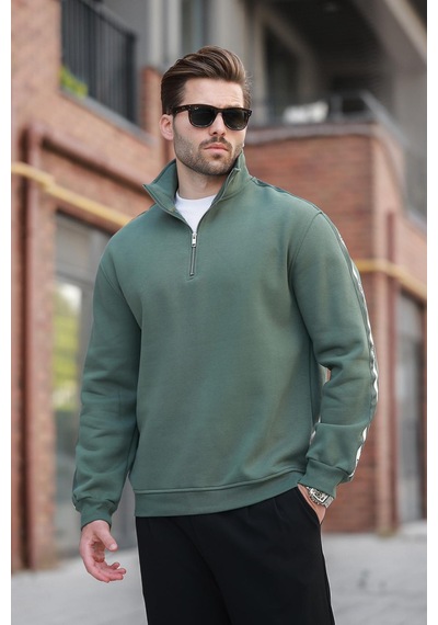 Madmext Haki Fermuarlı Yarım Balıkçı Yaka Erkek Sweatshirt E7164 Haki