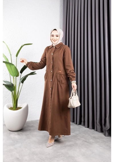 Harman Butik Kadın Düğmeli Torba Cepli Gabardin Kap Kahverengi Kahverengi