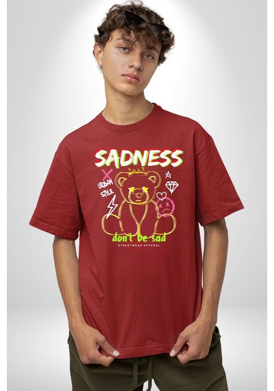 Üzüntü Üzülme Pamuklu Bisiklet Yaka Unisex Oversize Boyfriend Dijital Baskılı Kırmızı T-shirt Kırmızı