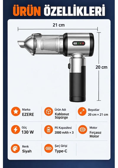Duoforcevac 22000pa Güçlü Portatif Taşınabilir Vakumlu Kablosuz Üflemeli Mini Araç Süpürgesi, Sıyah Diğer