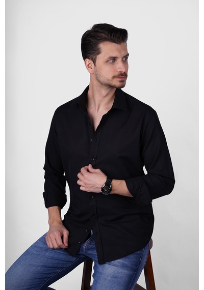 Optik Siyah Slimfit Erkek Gömlek Siyah