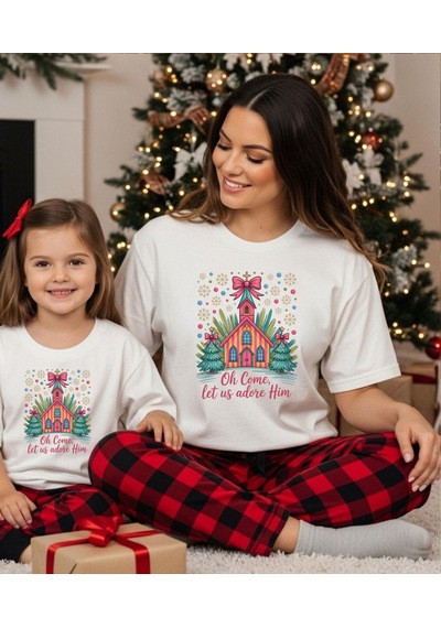 Aselinda Christmas-yeni Yıl Ev Baskılı Anne-kız Kombin Tişört Kombin Yapmak İçin 2 Ürün Ekleyiniz Beyaz