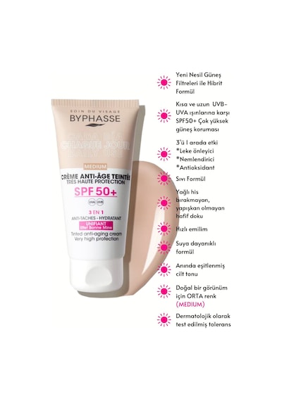 Byphasse  3'ü 1 Arada Renkli Güneş Kremi Medium SPF50+ 50 ML