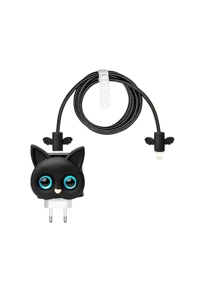 İphone 18w/20w İle Uyumlu Siyah Kedi Şarj Başlığı 3d Animasyon Şarj Başlığı Ve Kablo Koruyucu Set