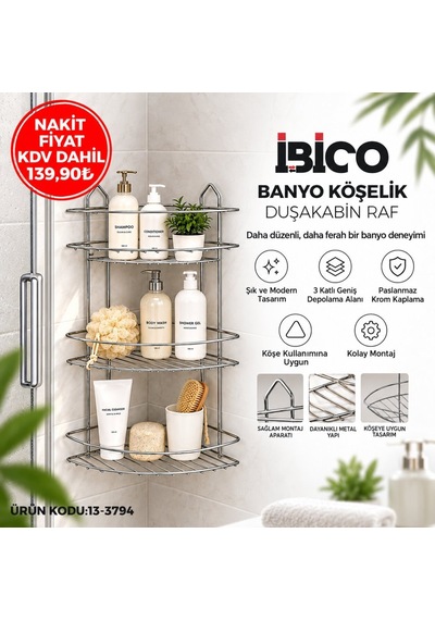 Eko-3 Banyo Köşelik Ve Duşkabin Raf 3 Katlı Krom Üçgen Metal - 12'li Paket