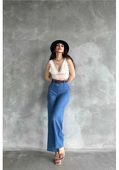 Tane Tasarım Kadın Yazlık Trend Beli Kemerli Keten Pantolon Mavi Mavi