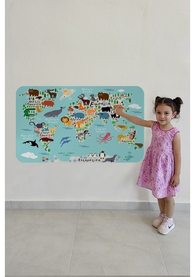 Eğitici Dünya Haritası Dünya Atlası Çocuk Ve Bebek Odası Duvar Sticker-85x130-3775 Çok Renkli