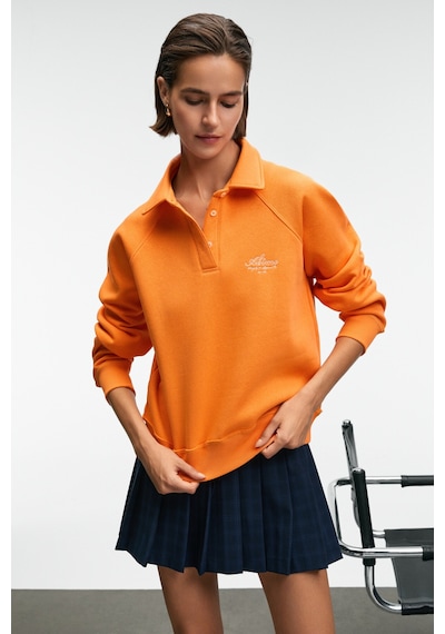 Grımelange CAMIREL Kadın Polo Yaka Düğmeli Nakış Detaylı Reglan Kol Comfort Fit Turuncu Sweatshirt