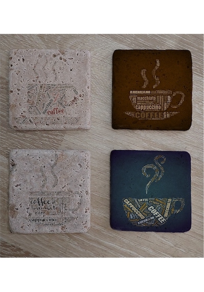 Tipografik Kahve Desenleri Doğal Taş Bardak Altlığı 4'lü Set - Natural Stone Coasters - Taş Beyaz