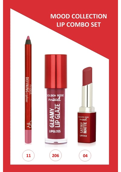 Mood Lip Combo Set - Defining Dudak Kalemi No:11 - Satiny Matte Ruj No:04 - Gleamy Dudak Parlatıcısı No:206 0