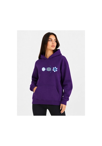 Herkesemoda Deniz Temalı Kaplumbağa Baskılı Kapüşonlu 2 İplik Şardonlu Sweatshirt Mor
