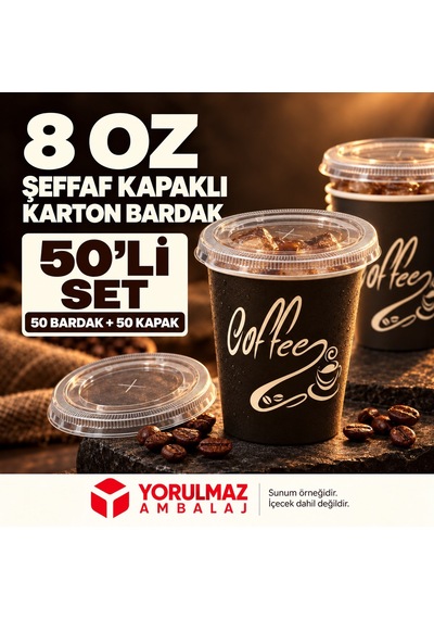 8 Oz Kapaklı Karton Bardak 50 Adet Soğuk İçecek Uyumlu Sızdırmaz Kağıt Bardak 40