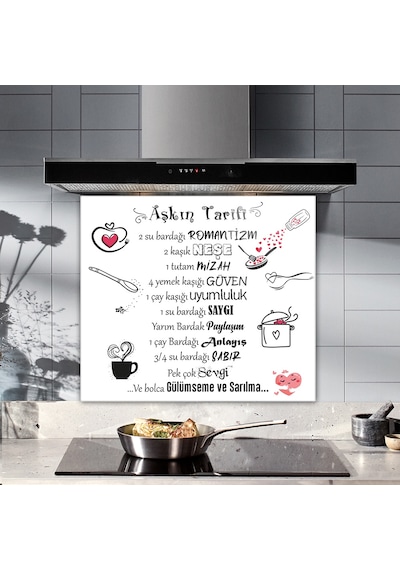 Cam Ocak Arkası Koruyucu Aşkın Tarifi Beyaz Fon 52cm X 60cm