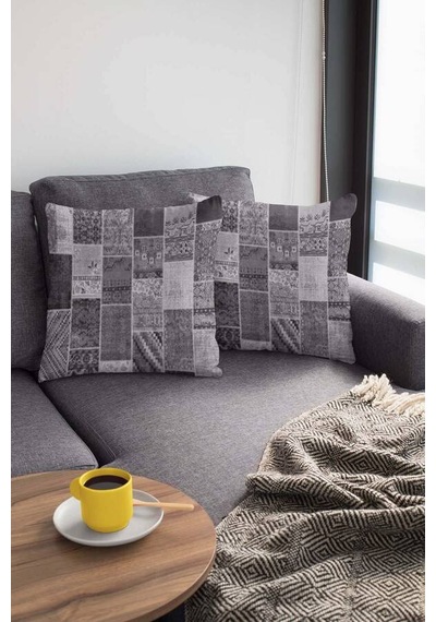 Gri Patchwork Çift Taraflı Yastık Kırlent Kılıfı Krl292n11