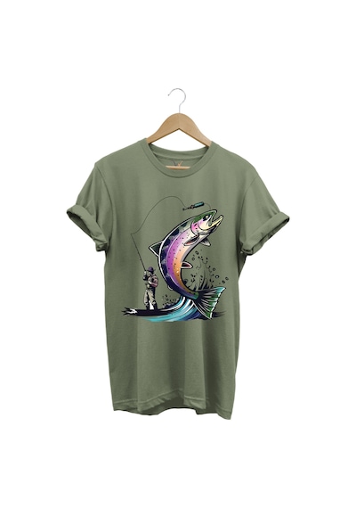 Balık Avı Baskılı Fishing Olta İle Balık Tutmak Turna Levrek Balığı Regular Fit %100 Pamuk Tişört Haki
