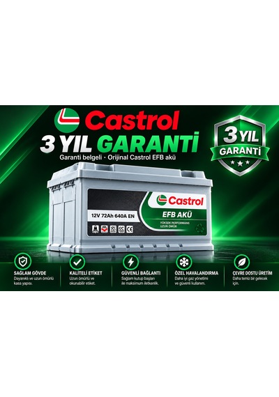 Castrol 12v 72 Ah Amper 640a En Akü L3 Kasa Bakım Gerektirmez Üretim Yılı: 2026