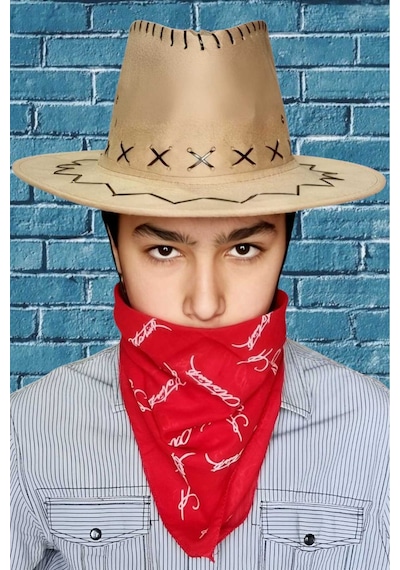 Uniquetrenders Çocuk Unisex Bandanalı Nubuk Kovboy Şapkası 8-14 Yaş Koyu Bej 5