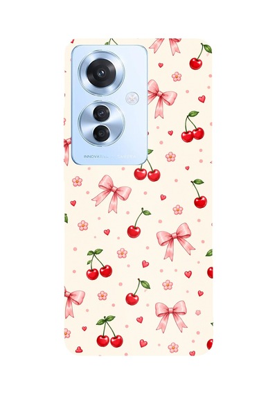 Oppo Reno 11f Uyumlu Pembe Fiyonklu Ve Kiraz Desenli Krem Baskılı Silikon Kılıf