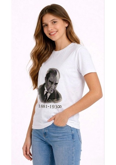 Barlashive Kız Çocuk Atatürk Baskılı Tişört Kısa Kollu Bisiklet Yaka T-shirt - Beyaz Çok Renkli
